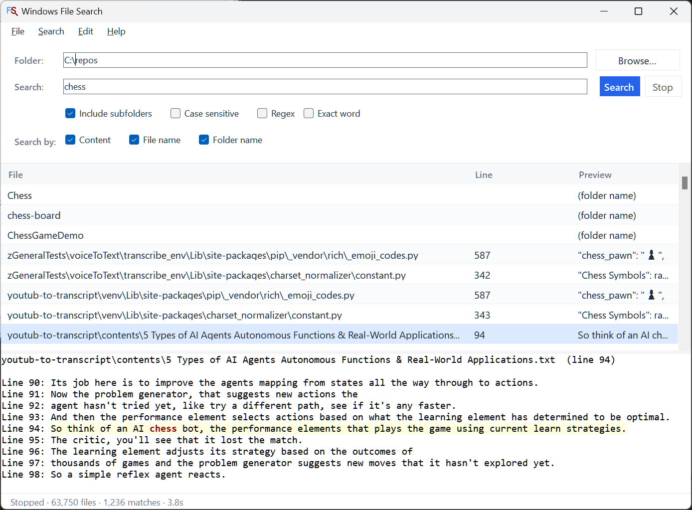 Windows File Search main window